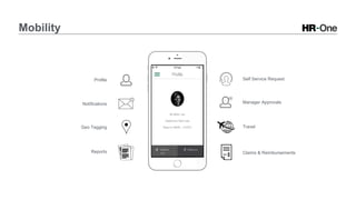 Mobility
Profile
Reports
Geo Tagging
Notifications
Self Service Request
Manager Approvals
Travel
Claims & Reimbursements
 