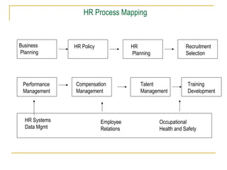 HR Process Mapping

Business
Planning

Performance
Management

HR Systems
Data Mgmt

HR Policy

HR
Planning

Compensation
Management

Employee
Relations

Recruitment
Selection

Talent
Management

Training
Development

Occupational
Health and Safety

 