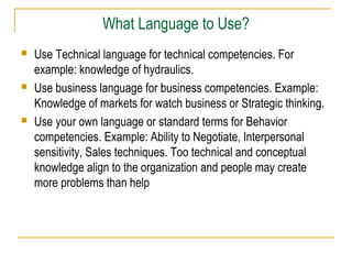 What Language to Use?






Use Technical language for technical competencies. For
example: knowledge of hydraulics.
Use business language for business competencies. Example:
Knowledge of markets for watch business or Strategic thinking.
Use your own language or standard terms for Behavior
competencies. Example: Ability to Negotiate, Interpersonal
sensitivity, Sales techniques. Too technical and conceptual
knowledge align to the organization and people may create
more problems than help

 