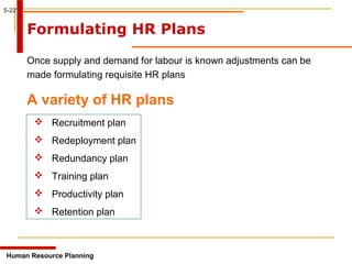 5-22
Formulating HR Plans
Human Resource Planning
Once supply and demand for labour is known adjustments can be
made formulating requisite HR plans
A variety of HR plans
 Recruitment plan
 Redeployment plan
 Redundancy plan
 Training plan
 Productivity plan
 Retention plan
 