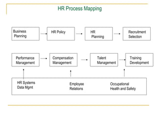 HR Process Mapping
Business
Planning
HR Policy HR
Planning
Recruitment
Selection
Performance
Management
Compensation
Management
Talent
Management
Training
Development
HR Systems
Data Mgmt
Employee
Relations
Occupational
Health and Safety
 