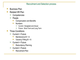 Recruitment and Selection process
 Business Plan
 Related HR Plan
 Competencies
 People
 Compensation and Benefits
 Numbers
 Current : Budgeted and Actual
 Future : Short Term and Long Term
 Three Conditions
 Current = Future
 Maintenance B = A
 Vacancy Filling B > A
 Current > Future
 Redundancy Planning
 Current < Future
 Recruitment Plan
 