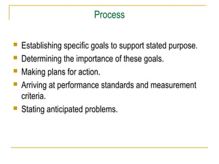  Establishing specific goals to support stated purpose.
 Determining the importance of these goals.
 Making plans for action.
 Arriving at performance standards and measurement
criteria.
 Stating anticipated problems.
Process
 
