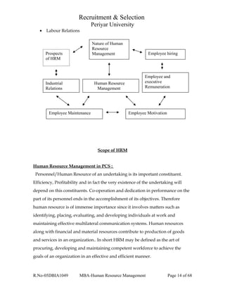 Recruitment & Selection
Periyar University
• Labour Relations
Scope of HRM
Human Resource Management in PCS :
Personnel/Human Resource of an undertaking is its important constituent.
Efficiency, Profitability and in fact the very existence of the undertaking will
depend on this constituents. Co-operation and dedication in performance on the
part of its personnel ends in the accomplishment of its objectives. Therefore
human resource is of immense importance since it involves matters such as
identifying, placing, evaluating, and developing individuals at work and
maintaining effective multilateral communication systems. Human resources
along with financial and material resources contribute to production of goods
and services in an organization.. In short HRM may be defined as the art of
procuring, developing and maintaining competent workforce to achieve the
goals of an organization in an effective and efficient manner.
R.No-05DBIA1049 MBA-Human Resource Management Page 14 of 68
Nature of Human
Resource
ManagementProspects
of HRM
Industrial
Relations
Human Resource
Management
Employee and
executive
Remuneration
Employee hiring
Employee Maintenance Employee Motivation
 