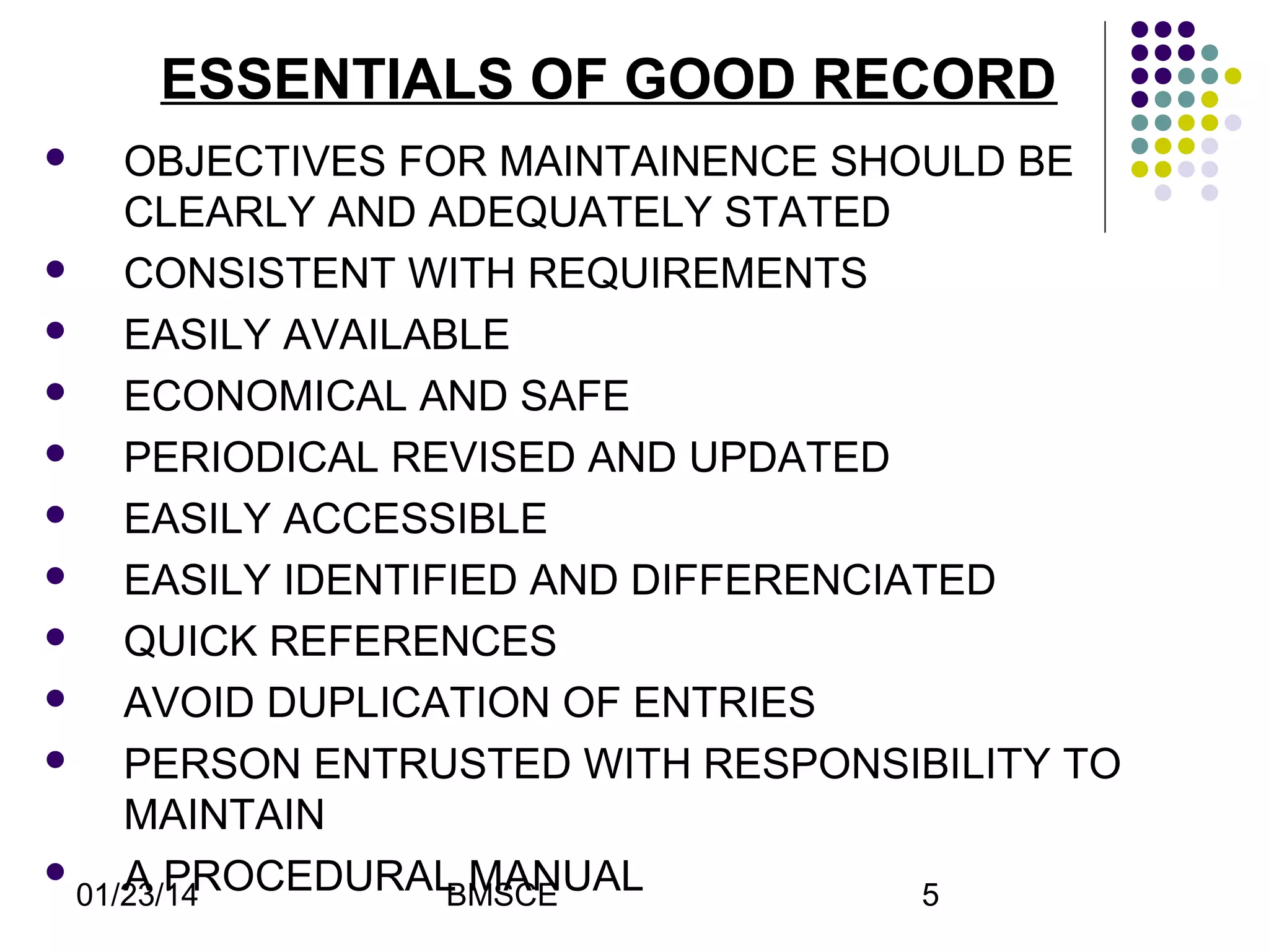 ESSENTIALS OF GOOD RECORD
OBJECTIVES FOR MAINTAINENCE SHOULD BE
CLEARLY AND ADEQUATELY STATED

CONSISTENT WITH REQUIREMENTS

EASILY AVAILABLE

ECONOMICAL AND SAFE

PERIODICAL REVISED AND UPDATED

EASILY ACCESSIBLE

EASILY IDENTIFIED AND DIFFERENCIATED

QUICK REFERENCES

AVOID DUPLICATION OF ENTRIES

PERSON ENTRUSTED WITH RESPONSIBILITY TO
MAINTAIN

A PROCEDURAL MANUAL
01/23/14
BMSCE
5


 
