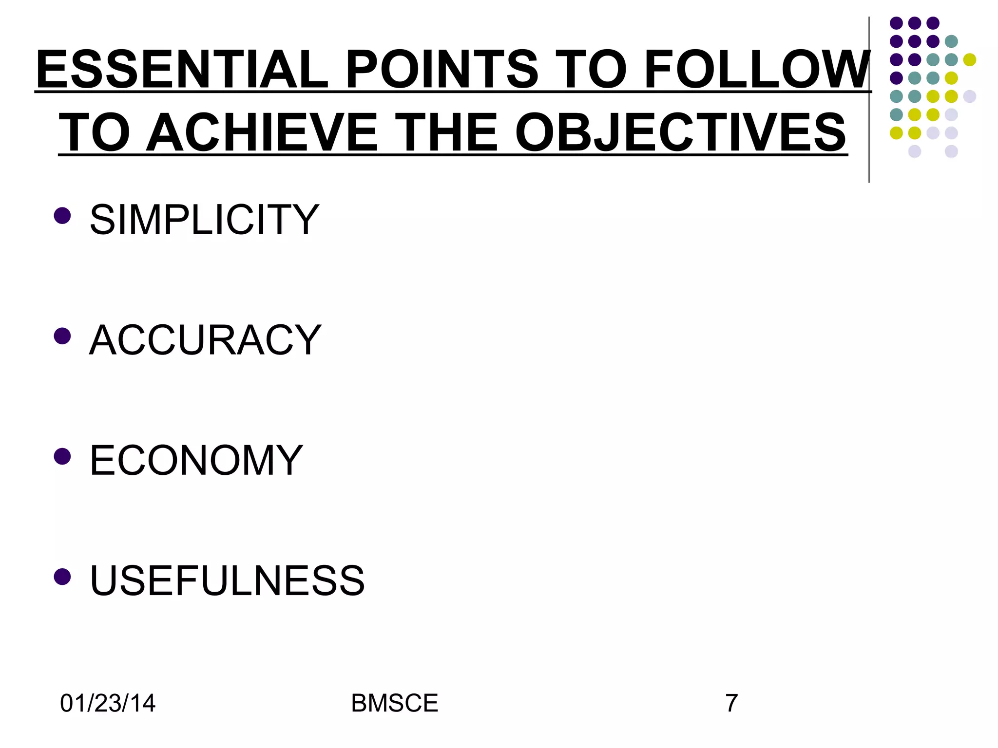 ESSENTIAL POINTS TO FOLLOW
TO ACHIEVE THE OBJECTIVES
 SIMPLICITY

 ACCURACY

 ECONOMY

 USEFULNESS

01/23/14

BMSCE

7

 