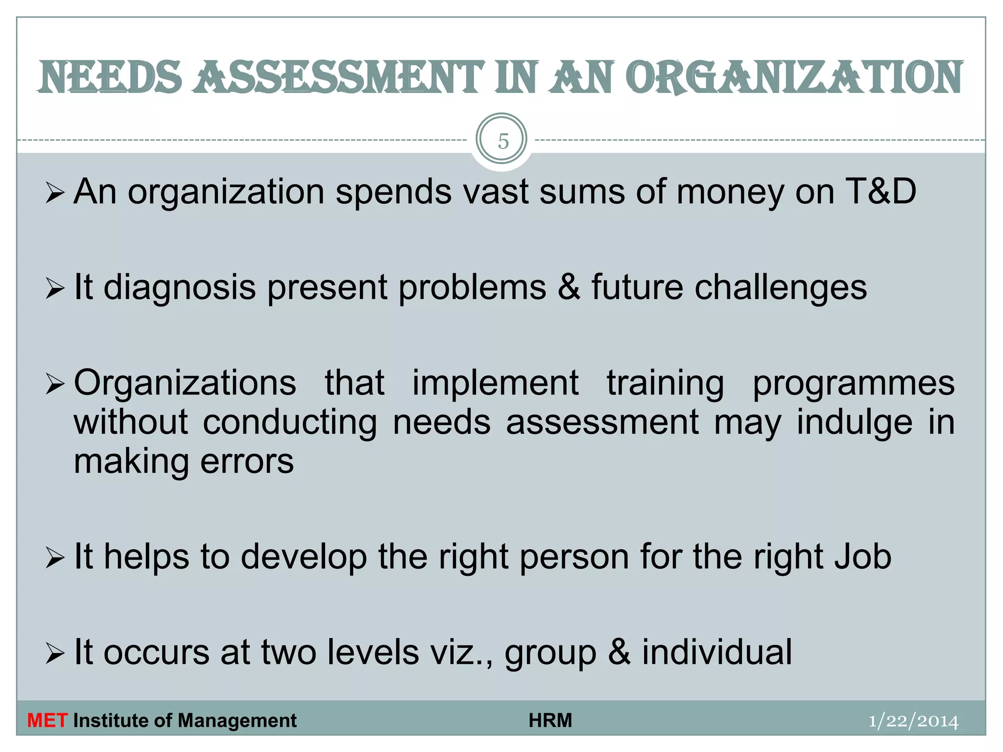 NEEDS ASSESSMENT IN AN ORGANIZATION
5

 An organization spends vast sums of money on T&D
 It diagnosis present problems & future challenges
 Organizations that implement training programmes

without conducting needs assessment may indulge in
making errors
 It helps to develop the right person for the right Job
 It occurs at two levels viz., group & individual
MET Institute of Management

HRM

1/22/2014

 
