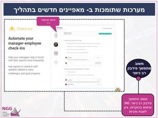 ‫ב‬ ‫שתומכות‬ ‫מערכות‬-‫בתהליך‬ ‫חדשים‬ ‫מאפיינים‬
‫פגישות‬ ‫תיעוד‬
1:1
‫משוב‬
‫פידבק‬ ‫מתמשך‬
‫כיווני‬ ‫רב‬
‫מתמשך‬ ‫משוב‬
‫כיווני‬ ‫רב‬ ‫פידבק‬,360
‫בהוקרות‬ ‫שימוש‬,‫ציון‬
‫ותגיות‬ ‫לשבח‬
 