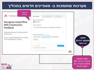 ‫ב‬ ‫שתומכות‬ ‫מערכות‬-‫בתהליך‬ ‫חדשים‬ ‫מאפיינים‬
‫פידבקים‬
‫מקולגות‬
‫משוב‬
‫פידבק‬ ‫מתמשך‬
‫כיווני‬ ‫רב‬
‫מתמשך‬ ‫משוב‬
‫כיווני‬ ‫רב‬ ‫פידבק‬,360
‫בהוקרות‬ ‫שימוש‬,‫ציון‬
‫ותגיות‬ ‫לשבח‬
 