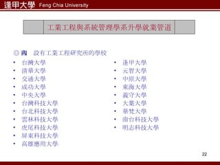 台灣大學 清華大學 交通大學 成功大學 中央大學 台灣科技大學 台北科技大學 雲林科技大學 虎尾科技大學 屏東科技大學 高雄應用大學 逢甲大學 元智大學 中原大學 東海大學 義守大學 大葉大學 華梵大學 南台科技大學 明志科技大學 工業工程與系統管理學系升學就業管道 ◎ 國內設有工業工程研究所的學校 
