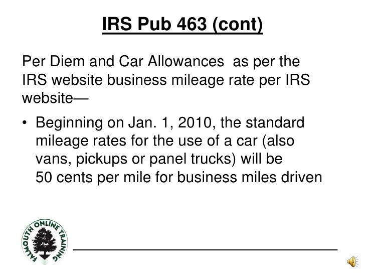 What is the IRS per diem allowance for mileage?