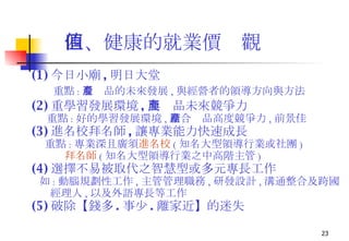 四、健康的就業價值觀 (1) 今日小廟 , 明日大堂 重點 : 看產品的未來發展 , 與經營者的領導方向與方法 (2) 重學習發展環境 , 與產品未來競爭力 重點 : 好的學習發展環境 , 結合產品高度競爭力 , 前景佳 (3) 進名校拜名師 , 讓專業能力快速成長 重點 : 專業深且廣須 進名校 ( 知名大型領導行業或社團 ) 拜名師 ( 知名大型領導行業之中高階主管 ) (4) 選擇不易被取代之智慧型或多元專長工作 如 : 動腦規劃性工作 , 主管管理職務 , 研發設計 , 溝通整合及跨國 經理人 , 以及外語專長等工作 (5) 破除【錢多 . 事少 . 離家近】的迷失 