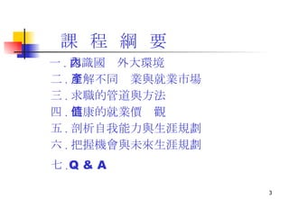 課  程  綱  要 一 . 認識國內外大環境  二 . 了解不同產業與就業市場  三 . 求職的管道與方法  四 . 健康的就業價值觀  五 . 剖析自我能力與生涯規劃 六 . 把握機會與未來生涯規劃 七 . Q &   A 