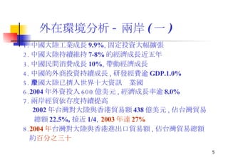 外在環境分析 - 兩岸 ( 一 ) 1. 中國大陸工業成長 9.9% , 固定投資大幅擴張 2. 中國大陸持續維持 7-8% 的經濟成長近五年 3. 中國民間消費成長 10% , 帶動經濟成長 4. 中國的外商投資持續成長 , 研發經費逾 GDP.1.0% 5. 中國大陸已擠入世界十大資訊產業國 6. 2004 年外資投入 600 億美元 , 經濟成長率逾 8.0% 7. 兩岸經貿依存度持續提高 2002 年台灣對大陸與香港貿易額 438 億美元 , 佔台灣貿易 總額 22.5% , 接近 1/4 ,  2003 年達 27% 8. 2004 年 台灣對大陸與香港進出口貿易額 , 佔台灣貿易總額 約 百分之三十   