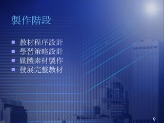製作階段 教材程序設計 學習策略設計 媒體素材製作 發展完整教材 