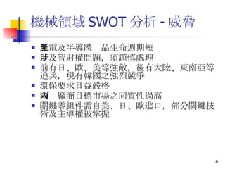 機械領域 SWOT 分析 - 威脅 光電及半導體產品生命週期短 涉及智財權問題，須謹慎處理 前有日、歐、美等強敵，後有大陸、東南亞等追兵，現有韓國之強烈競爭 環保要求日益嚴格 國內廠商目標市場之同質性過高 關鍵零組件需自美、日、歐進口，部分關鍵技術及主導權被掌握 