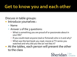 Discuss in table groups:
 Introduce yourselves :
 Name
 Answer 1 of the 3 questions:
▪ What is something you are proud of or passionate about in
your life?
▪ If you could meet anyone (real or fictional) who is it and why?
▪ What was the last book you read, movie orTV series you
watched and why did you like (or not like) it?
 At the tables, each person will present the other
to the class
 