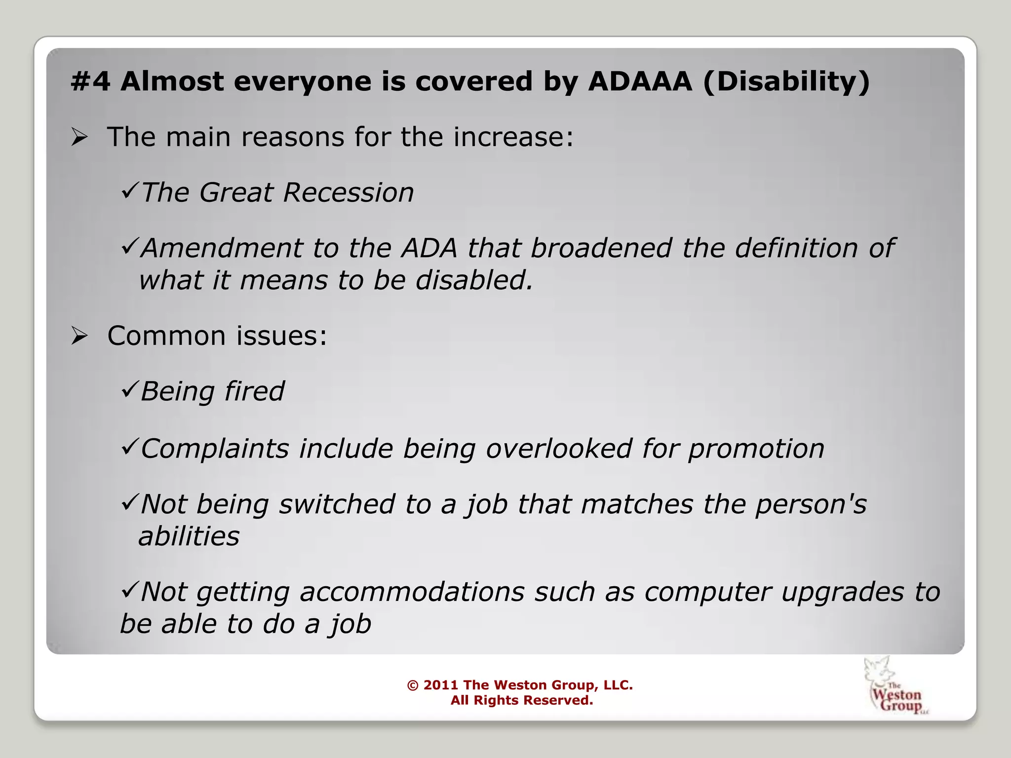Laws that affect the interview processTitle VII of the Civil Rights Act of 1964 RaceSexColorNation of OriginReligionVietnam Veteran Pending—Sexual OrientationAge Discrimination in Employment Act (ADEA)Americans with Disabilities Amendment Act (ADAA)Immigration Reform and Control Act (IRCA)CitizenshipNation of Origin