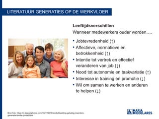 LITERATUUR GENERATIES OP DE WERKVLOER
Leeftijdsverschillen
Wanneer medewerkers ouder worden….
• Jobtevredenheid (↑)
• Affectieve, normatieve en
betrokkenheid (↑)
• Intentie tot vertrek en effectief
veranderen van job (↓)
• Nood tot autonomie en taakvariatie (↑)
• Interesse in training en promotie (↓)
• Wil om samen te werken en anderen
te helpen (↓)
Bron foto: https://nl.depositphotos.com/102723514/stockafbeelding-gelukkig-meerdere-
generatie-familie-portret.html
Bron foto: https://nl.depositphotos.com/102723514/stockafbeelding-gelukkig-meerdere-
generatie-familie-portret.html
 