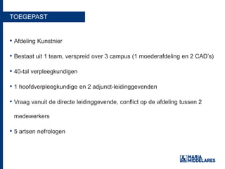 TOEGEPAST
• Afdeling Kunstnier
• Bestaat uit 1 team, verspreid over 3 campus (1 moederafdeling en 2 CAD’s)
• 40-tal verpleegkundigen
• 1 hoofdverpleegkundige en 2 adjunct-leidinggevenden
• Vraag vanuit de directe leidinggevende, conflict op de afdeling tussen 2
medewerkers
• 5 artsen nefrologen
 