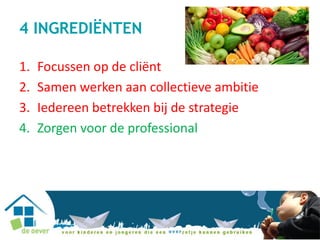 4 INGREDIËNTEN
1. Focussen op de cliënt
2. Samen werken aan collectieve ambitie
3. Iedereen betrekken bij de strategie
4. Zorgen voor de professional
 
