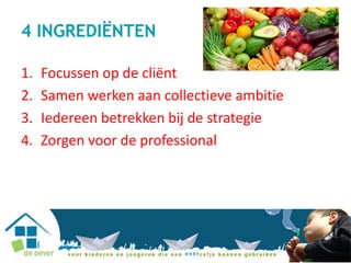 4 INGREDIËNTEN
1. Focussen op de cliënt
2. Samen werken aan collectieve ambitie
3. Iedereen betrekken bij de strategie
4. Zorgen voor de professional
 