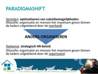 PARADIGMASHIFT
Verleden: optimaliseren van subsidiemogelijkheden
(filosofie: organisatie en mensen het maximum geven binnen
de kaders uitgetekend door de overheid)
Toekomst: strategisch HR-beleid
(filosofie: organisatie en mensen het maximum geven binnen
de kaders uitgetekend door de organisatie)
ANDERS ORGANISEREN
 