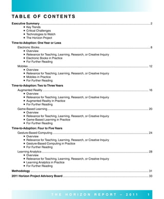 Ta b L e o f C o N T e N T s
executive summary ....................................................................................................................................... 2
         Key Trends
         Critical Challenges
         Technologies to Watch
         The Horizon Project
Time-to-adoption: one Year or Less
      Electronic Books........................................................................................................................................ 8
           Overview
           Relevance for Teaching, Learning, Research, or Creative Inquiry
           Electronic Books in Practice
           For Further Reading
      Mobiles .................................................................................................................................................... 12
          Overview
          Relevance for Teaching, Learning, Research, or Creative Inquiry
          Mobiles in Practice
          For Further Reading
Time-to-adoption: Two to Three Years
      Augmented Reality .................................................................................................................................. 16
          Overview
          Relevance for Teaching, Learning, Research, or Creative Inquiry
          Augmented Reality in Practice
          For Further Reading
      Game-Based Learning ............................................................................................................................ 20
          Overview
          Relevance for Teaching, Learning, Research, or Creative Inquiry
          Game-Based Learning in Practice
          For Further Reading
Time-to-adoption: four to five Years
      Gesture-Based Computing ...................................................................................................................... 24
           Overview
           Relevance for Teaching, Learning, Research, or Creative Inquiry
           Gesture-Based Computing in Practice
           For Further Reading
      Learning Analytics ................................................................................................................................... 28
           Overview
           Relevance for Teaching, Learning, Research, or Creative Inquiry
           Learning Analytics in Practice
           For Further Reading
Methodology ................................................................................................................................................. 31
2011 Horizon Project advisory board ......................................................................................................... 33




                                             T H e            H o r i Z o N                     r e P o r T                   –      2 0 1 1                   1
 