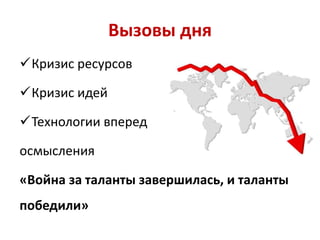Вызовы дня
Кризис ресурсов
Кризис идей
Технологии вперед
осмысления
«Война за таланты завершилась, и таланты
победили»
 