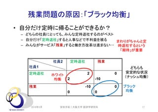 残業問題の原因：「ブラック均衡」
• 自分だけ定時に帰ることができるか？
– どちらの社員にとっても、みんな定時退社するのがベスト
– 自分だけ「定時退社」すると人事などで不利益を被る
– みんながサービス「残業」すると働き方改革は進まない…
社員2
社員1
定時退社 残業
定時退社 2
2
0
-10
残業 -10
0
0
0
ホワイト
均衡
ブラック
均衡
どちらも
安定的な状況
（ナッシュ均衡）
まわりがちゃんと定
時退社するという
「期待」が重要
2018年5月 安田洋祐｜大阪大学 経済学研究科 17
 