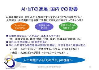 AI・IoTの進展：国内での影響
AIの進展により、ロボットが人間の代わりをするようになる時代がくる！
人口減少、少子高齢化を他国に先駆けて迎える日本にとってチャンス！
 労働代替型のニーズが高い（日本は人手不足）
例： 農業従事者、建設・物流、介護、廃炉、熟練工の後継者、etc
 ロボット工学が強い （研究者が多い）
 ロボットに対する潜在意識が米国とは異なり、世代を超えた理解がある。
 日本： 人とテクノロジーが共存する。（アトム、ドラエモンなど）
 米国： 人とロボットが闘う （ターミネーターなど） 。
人工知能による「ものづくり」の復権へ
言語データから
行動データ
2018年5月 安田洋祐｜大阪大学 経済学研究科 23
利便性から
安全性
ヴァーチャル
からリアル
 