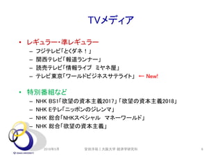 TVメディア
• レギュラー・準レギュラー
– フジテレビ「とくダネ！」
– 関西テレビ「報道ランナー」
– 読売テレビ「情報ライブ ミヤネ屋」
– テレビ東京「ワールドビジネスサテライト」 ← New!
• 特別番組など
– NHK BS1「欲望の資本主義2017」 「欲望の資本主義2018」
– NHK Eテレ「ニッポンのジレンマ」
– NHK 総合「NHKスペシャル マネーワールド」
– NHK 総合「欲望の資本主義」
2018年5月 6安田洋祐｜大阪大学 経済学研究科
 