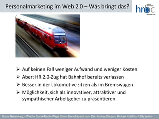 Personalmarketing im Web 2.0 – Was bringt das?




               Auf keinen Fall weniger Aufwand und weniger Kosten
               Aber: HR 2.0-Zug hat Bahnhof bereits verlassen
               Besser in der Lokomotive sitzen als im Bremswagen
               Möglichkeit, sich als innovativer, attraktiver und
                sympathischer Arbeitgeber zu präsentieren


Social Networking – Welche Social-Media-Wege führen Sie erfolgreich zum Ziel Andrea Starzer / Michael Kohlfürst / Elfy Walch
 