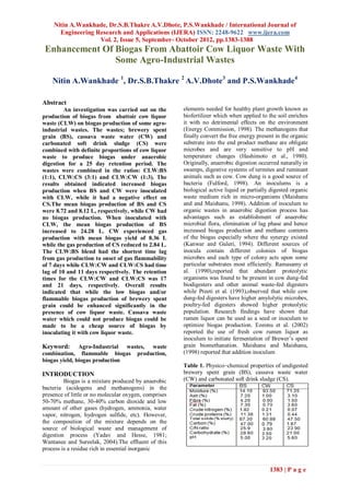 Nitin A.Wankhade, Dr.S.B.Thakre A.V.Dhote, P.S.Wankhade / International Journal of
      Engineering Research and Applications (IJERA) ISSN: 2248-9622 www.ijera.com
                   Vol. 2, Issue 5, September- October 2012, pp.1383-1388
 Enhancement Of Biogas From Abattoir Cow Liquor Waste With
                Some Agro-Industrial Wastes

    Nitin A.Wankhade 1, Dr.S.B.Thakre 2 A.V.Dhote3 and P.S.Wankhade4

Abstract
         An investigation was carried out on the       elements needed for healthy plant growth known as
production of biogas from abattoir cow liquor          biofertilizer which when applied to the soil enriches
waste (CLW) on biogas production of some agro-         it with no detrimental effects on the environment
industrial wastes. The wastes; brewery spent           (Energy Commission, 1998). The methanogens that
grain (BS), cassava waste water (CW) and               finally convert the free energy present in the organic
carbonated soft drink sludge (CS) were                 substrate into the end product methane are obligate
combined with definite proportions of cow liquor       microbes and are very sensitive to pH and
waste to produce biogas under anaerobic                temperature changes (Hashimoto et al., 1980).
digestion for a 25 day retention period. The           Originally, anaerobic digestion occurred naturally in
wastes were combined in the ratios: CLW:BS             swamps, digestive systems of termites and ruminant
(1:1), CLW:CS (3:1) and CLW:CW (1:3). The              animals such as cow. Cow dung is a good source of
results obtained indicated increased biogas            bacteria (Fulford, 1998). An inoculums is a
production when BS and CW were inoculated              biological active liquid or partially digested organic
with CLW, while it had a negative effect on            waste medium rich in micro-organisms (Maishanu
CS.The mean biogas production of BS and CS             and and Maishanu, 1998). Addition of inoculum to
were 8.72 and 8.12 L, respectively, while CW had       organic wastes in anaerobic digestion process has
no biogas production. When inoculated with             advantages such as establishment of anaerobic
CLW, the mean biogas production of BS                  microbial flora, elimination of lag phase and hence
increased to 24.28 L. CW experienced gas               increased biogas production and methane contents
production with mean biogas yield of 8.36 L            of the biogas especially where the synergy existed
while the gas production of CS reduced to 2.84 L.      (Kanwar and Guleri, 1994). Different sources of
The CLW:BS blend had the shortest time lag             inocula contain different colonies of biogas
from gas production to onset of gas flammability       microbes and each type of colony acts upon some
of 7 days while CLW:CW and CLW:CS had time             particular substrates most efficiently. Ramasamy et
lag of 10 and 11 days respectively. The retention      al. (1990),reported that abundant proteolytic
times for the CLW:CW and CLW:CS was 17                 organisms was found to be present in cow dung-fed
and 21 days, respectively. Overall results             biodigesters and other animal waste-fed digesters
indicated that while the low biogas and/or             while Preeti et al. (1993),observed that while cow
flammable biogas production of brewery spent           dung-fed digesters have higher amylolytic microbes,
grain could be enhanced significantly in the           poultry-fed digesters showed higher proteolytic
presence of cow liquor waste. Cassava waste            population. Research findings have shown that
water which could not produce biogas could be          rumen liquor can be used as a seed or inoculum to
made to be a cheap source of biogas by                 optimize biogas production. Ezeonu et al. (2002)
inoculating it with cow liquor waste.                  reported the use of fresh cow rumen liquor as
                                                       inoculum to initiate fermentation of Brewer’s spent
Keyword:       Agro-Industrial wastes, waste           grain biomethanation. Maishanu and Maishanu,
combination, flammable biogas production,              (1998) reported that addition inoculum
biogas yield, biogas production
                                                       Table 1. Physico–chemical properties of undigested
INTRODUCTION                                           brewery spent grain (BS), cassava waste water
         Biogas is a mixture produced by anaerobic     (CW) and carbonated soft drink sludge (CS).
bacteria (acidogens and methanogens) in the
presence of little or no molecular oxygen, comprises
50-70% methane, 30-40% carbon dioxide and low
amount of other gases (hydrogen, ammonia, water
vapor, nitrogen, hydrogen sulfide, etc). However,
the composition of the mixture depends on the
source of biological waste and management of
digestion process (Yadav and Hesse, 1981;
Wantanee and Sureelak, 2004).The effluent of this
process is a residue rich in essential inorganic


                                                                                            1383 | P a g e
 