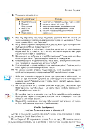 101
Галина Малик
3.	 Установіть відповідність.
4.	 Про яку державну таємницю Недороль розповів Алі? Чи можна цю
таємницю вважати вагомою, вартою формулювання «державна»? Як це
характеризує Недороля Десятого?
5.	 Чому Аля не спробувала перенестися додому, коли була в зачаровано­
му будиночку? Як це її характеризує?
6.	 Що ви відчували в той момент, коли Аля потрапила до зачарованого
будиночка? За допомогою чого авторці вдалося створити атмосферу
страху, таємничості й небезпеки?
7.	 Що кумедне ви побачили в описі Недокватирки? Чому вона постійно
була застудженою? Прокоментуйте вчинок Алі з викруткою.
8.	 Охарактеризуйте Недопопелюшку. Чому вона, ризикуючи своїм жит­
тям, так віддано намагається допомогти Алі?
9.	 Хто сміливіший — дорослий Недороль чи маленька Аля? Проілюструйте
свою думку розповіддю про вчинки героїв.
10.	 Чи можна вважати злодієм Недочеревика, який намагався покарати
дітей, що не доводили справ до кінця? Обґрунтуйте свою думку.
11.	 Якби вам довелося озвучувати фільм про пригоди Алі в Недоладії, то
яким би був музичний супровід до шістнадцятого й вісімнадцятого
розділів казки? Розкажіть про гучність, темп, настрій музики, паузи,
музичні інструменти.
12.	 Чи погоджуєтеся ви з такими словами Недороля, сказаними про
Недочеревика: «Бути без душі — це навіть гірше, ніж бути без голови»?
Обґрунтуйте свою позицію.
1.	 Прочитайте казку «Незвичайні пригоди Алі в країні Недоладії» до кінця.
2.	 Підготуйтеся переказати один із розділів казки, попередньо розподі­
ливши їх між собою в класі.
3.	 Намалюйте героя казки, якого ви побачили під час читання, не таким,
як його зображено в підручнику (за бажанням).
Розділ двадцятий,
у якому Аля опиняється в підземеллі
А куди ж поділася Недопопелюшка? Невже вона злякалася й поки­
нула дівчинку в біді? Звичайно, ні!
Коли Перший Недорадник схопив Алю за руку, Недопопелюшка
кинулася на допомогу. Та в цю мить її саму хтось боляче шарпнув за
Ге­рой (героїня) твору Вчи­нок
1	 Не­до­по­пе­люш­ка
2	 Пер­ший
Не­до­рад­ник
3	 Не­до­роль
Де­ся­тий
4	 Не­до­че­ре­ви­к
А	 на­ма­га­єть­ся про­вес­ти Алю до го­дин­ника­ря
Б	 під­пи­сує на­каз про стра­ту Алі
В	 зак­ру­чує гвин­ти­ка на за­щіп­ці ква­тир­ки
Г	 за­пи­сує ад­ре­си не­до­роб­ле­них справ
Д	 на­ка­зує гвар­дій­цям від­вес­ти Алю в 		
під­зе­мел­ля
 
