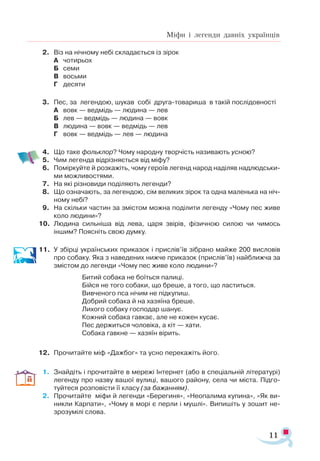 11
Міфи і легенди давніх українців
2.	 Віз на нічному небі складається із зірок
А	 чотирьох
Б	 семи
В	 восьми
Г	 десяти
3.	 Пес, за легендою, шукав собі друга-товариша в такій послідовності
А	 вовк — ведмідь — людина — лев
Б	 лев — ведмідь — людина — вовк
В	 людина — вовк — ведмідь — лев
Г	 вовк — ведмідь — лев — людина
4.	 Що таке фольклор? Чому народну творчість називають усною?
5.	 Чим легенда відрізняється від міфу?
6.	 Поміркуйте й розкажіть, чому героїв легенд народ наділяв надлюдськи­
ми можливостями.
7.	 На які різновиди поділяють легенди?
8.	 Що означають, за легендою, сім великих зірок та одна маленька на ніч­
ному небі?
9.	 На скільки частин за змістом можна поділити легенду «Чому пес живе
коло людини»?
10.	 Людина сильніша від лева, царя звірів, фізичною силою чи чимось
іншим? Поясніть свою думку.
11.	 У збірці українських приказок і прислів’їв зібрано майже 200 висловів
про собаку. Яка з наведених нижче приказок (прислів’їв) найближча за
змістом до легенди «Чому пес живе коло людини»?
Битий собака не боїться палиці.
Бійся не того собаки, що бреше, а того, що ластиться.
Вивченого пса нічим не підкупиш.
Добрий собака й на хазяїна бреше.
Лихого собаку господар шанує.
Кожний собака гавкає, але не кожен кусає.
Пес держиться чоловіка, а кіт — хати.
Собака гавкне — хазяїн вірить.
12.	 Прочитайте міф «Дажбог» та усно перекажіть його.
1.	 Знайдіть і прочитайте в мережі Інтернет (або в спеціальній літературі)
легенду про назву вашої вулиці, вашого району, села чи міста. Підго-
туйтеся розповісти її класу (за бажанням).
2.	 Прочитайте міфи й легенди «Берегиня», «Неопалима купина», «Як ви-
никли Карпати», «Чому в морі є перли і мушлі». Випишіть у зошит не-
зрозумілі слова.
 