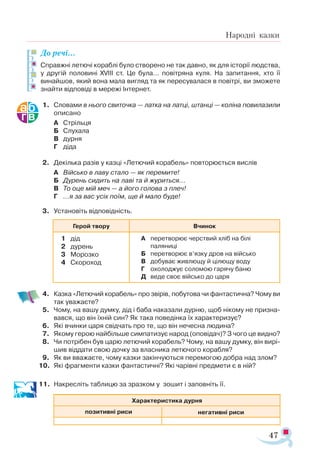 47
Народні казки
До речі…
Справжні летючі кораблі було створено не так давно, як для історії людства,
у другій половині XVIII ст. Це була… повітряна куля. На запитання, хто її
винайшов, який вона мала вигляд та як пересувалася в повітрі, ви зможете
знайти відповіді в мережі Інтернет.
1.	 Словами в нього свиточка — латка на латці, штанці — коліна повилазили
описано
А	 Стрільця
Б	 Слухала
В	 дурня
Г	 діда
2.	 Декілька разів у казці «Летючий корабель» повторюється вислів
А	 Військо в лаву стало — як перемите!
Б	 Дурень сидить на лаві та й журиться...
В	 То оце мій меч — а його голова з плеч!
Г	 ...я за вас усіх поїм, ще й мало буде!
3.	 Установіть відповідність.
4.	 Казка «Летючий корабель» про звірів, побутова чи фантастична? Чому ви
так уважаєте?
5.	 Чому, на вашу думку, дід і баба наказали дурню, щоб нікому не призна­
вався, що він їхній син? Як така поведінка їх характеризує?
6.	 Які вчинки царя свідчать про те, що він нечесна людина?
7.	 Якому герою найбільше симпатизує народ (оповідач)? З чого це видно?
8.	 Чи потрібен був царю летючий корабель? Чому, на вашу думку, він вирі­
шив віддати свою дочку за власника летючого корабля?
9.	 Як ви вважаєте, чому казки закінчуються перемогою добра над злом?
10.	 Які фрагменти казки фантастичні? Які чарівні предмети є в ній?
11.	 Накресліть таблицю за зразком у зошит і заповніть її.
Ха­рак­те­рис­ти­ка дур­ня
­по­зи­тив­ні ри­си­ не­га­тив­ні ри­си
Ге­рой тво­ру В­чи­нок
1	 дід
2	 ду­рень
3	 Мо­роз­ко
4	 Ско­ро­ход
А	 пе­рет­во­рює черс­твий хліб на бі­лі
		 па­ля­ни­ці
Б	 пе­рет­во­рює в’яз­ку дров на вій­сько
В	 до­бу­ває жив­лю­щу й ці­лю­щу во­ду
Г	 охо­лод­жує со­ло­мою га­ря­чу ба­ню
Д	 ве­де своє вій­сько до ца­ря
 