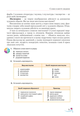 5
Слово в житті людини
фарби. І художня література, і музика, і скульптура, і малярство — це
різні види мистецтва.
Мистецтво — це творче відображення дійсності за допомогою
художніх образів. Які ще види мистецтва вам відомі?
Письменник не копіює наше життя, а через свою творчу уяву, фан­
тазію створює ніби новий віртуальний світ у художніх образах. Отже,
митець творить художню дійсність за законами краси.
З чого ж починалося словесне мистецтво? З усної народної твор­
чості (фольклору), а також із літописів. Першим літописам майже
тисяча років, найвідоміший з-поміж них — «Повість минулих літ»,
уривки з нього ви прочитаєте в цьому підручнику через кілька уроків.
Однак фольклор ще давніший, у ньому відтворені первинні уявлення
про наш світ, мудрість попередніх поколінь, козацька слава й краса
людських почуттів.
1.	 Образне слово вжито в рядку
А	 повільно читати
Б	 швидко помитий
В	 солов’їні співи
Г	 родовий відмінок
2.	 Установіть відповідність.
3.	 Установіть відповідність.	
Вид мистецтва Засіб творення мистецтва
1	 хореографія
2	 декламація
3	 літерату­ра
4	 малярство
А	 фарба
Б	 слово
В	 мармур
Г	 рух
Д	 голос
Засіб творення образності Приклад
1	 переносне значення
2	 зменшенопестливий суфікс
3	 згрубілий суфікс
4	 префікс
­А	 чорне хмарище
Б	 вовча душа
В	 руденьке собача
Г	 червона калина
Д	 возвеличення роду
 