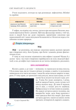 8
СВІТ ФАНТАЗІЇ ТА МУДРОСТІ
Учені поділяють легенди на три різновиди: міфологічні, біблійні
та героїчні.
У міфах, на відміну від легенд, ідеться про вигаданих багатою люд­
ською фантазією богів і демонів. Цей вид фольклору виник у той час,
коли в людей було ще дуже спрощене, примітивне уявлення про
навколишній світ і вони відчували беззахисність і безсилля перед сти­
хійними силами природи.
Міф
Міф — це розповідь, що передає уявлення наших далеких предків
про створення світу, його будову, про богів і демонів, різних фантас­
тичних істот.
У чому ж тоді полягає відмінність між міфом і казкою? Казки й у
далекі часи, і на етапі створення сприймалися як плід людської фан­
тазії, а ось до міфів тоді ставилися як до чогось імовірного, реального.
ПРО ЗОРЯНИЙ ВІЗ
Колись давно, а де саме — невідомо, та трапилася велика посуха.
І була вона така, що не тільки в річках та озерах, а навіть і в колодязях
повисихала геть-чисто вся вода, і люди без води почали хворіти та вми­
рати. У тому краю, де трапилася така посуха, жила одна вдова, а в тієї
вдови була всього-на-всього одна доч-
ка. Удова без води захворіла, і дочка,
щоб не вмерла її мати, узяла глечик та й
пішла шукати воду. Де вона її шукала,
хто її знає, а тільки десь-то зна­йшла.
Набрала воду в глечик і понесла до­дому.
По дорозі зустріла одного чоловіка, що
вмирав без води; дала йому напитись і
тим одволала його від смерті. Далі вона
зустріла другого, такого ж самого; потім
третього, четвертого й, нарешті, сьомого.Сузір’я Зоряний Віз
Легенди
міфологічні біблійні героїчні
­у­яв­лен­ня про Всес­віт,
при­­­ро­ду, бо­гів, де­мо­нів
жит­тя свя­тих, пер­­ших
хрис­ти­ян
ге­ро­їч­ні вчин­ки ре­аль­них
іс­то­рич­них осіб
Теорія літератури
 