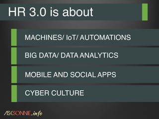 HR 3.0 is about
MACHINES/ IoT/ AUTOMATIONS
BIG DATA/ DATA ANALYTICS
MOBILE AND SOCIAL APPS
CYBER CULTURE
 