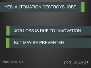 YES, AUTOMATION DESTROYS JOBS
JOB LOSS IS DUE TO INNOVATION
BUT MAY BE PREVENTED
 
0920-9048075
 