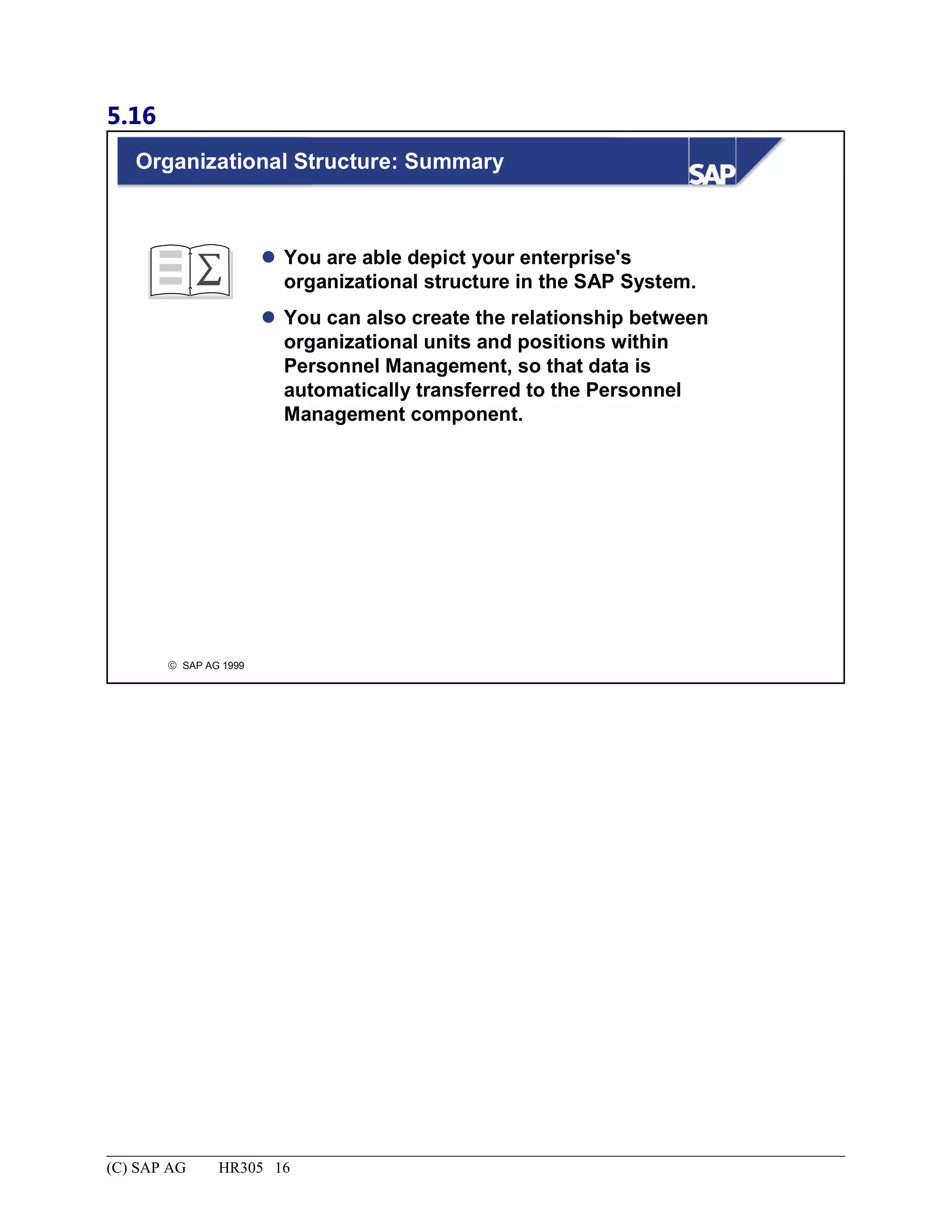 5.16
© SAP AG 1999
Organizational Structure: Summary
 You are able depict your enterprise's
organizational structure in the SAP System.
 You can also create the relationship between
organizational units and positions within
Personnel Management, so that data is
automatically transferred to the Personnel
Management component.
(C) SAP AG HR305 16
 