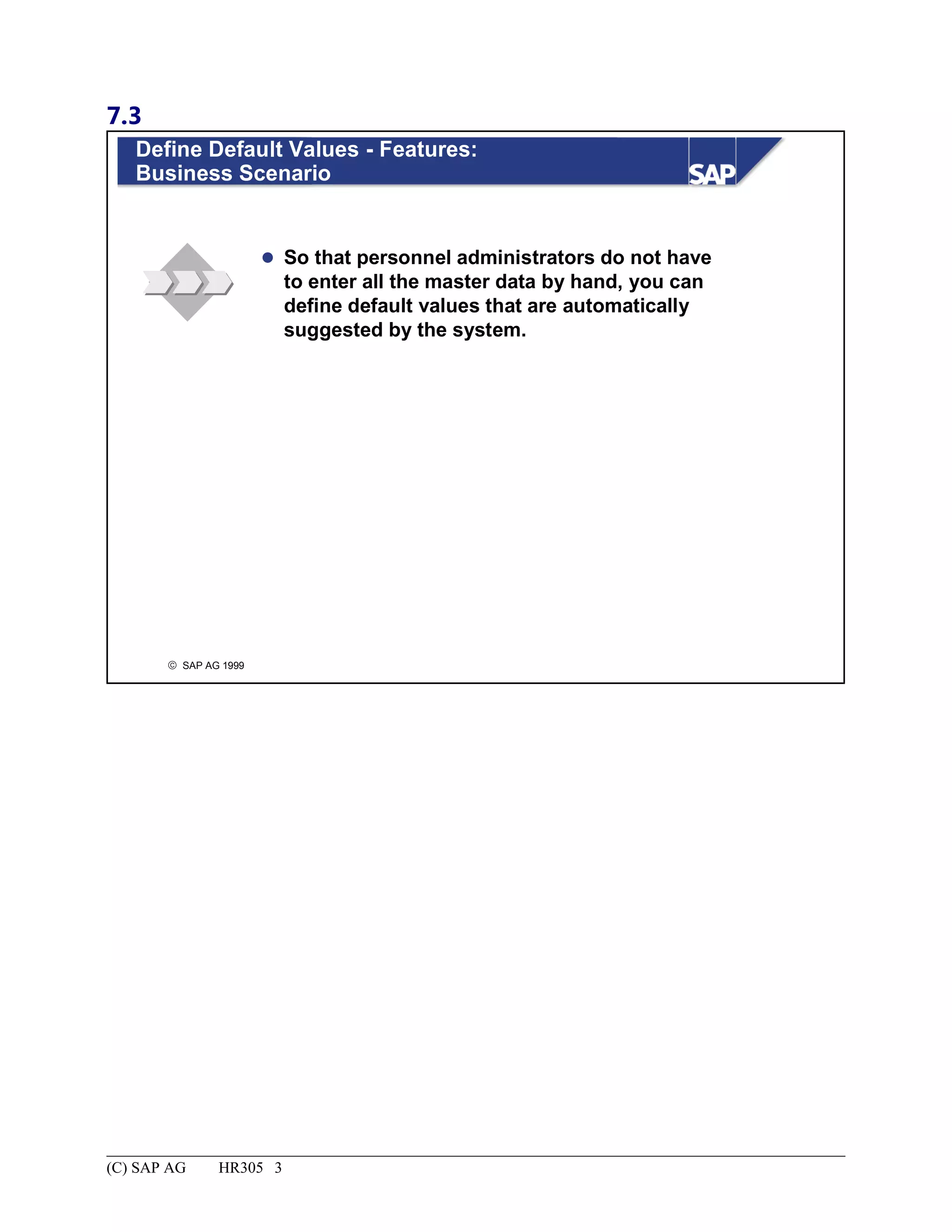 7.3
© SAP AG 1999
Define Default Values - Features:
Business Scenario
 So that personnel administrators do not have
to enter all the master data by hand, you can
define default values that are automatically
suggested by the system.
(C) SAP AG HR305 3
 