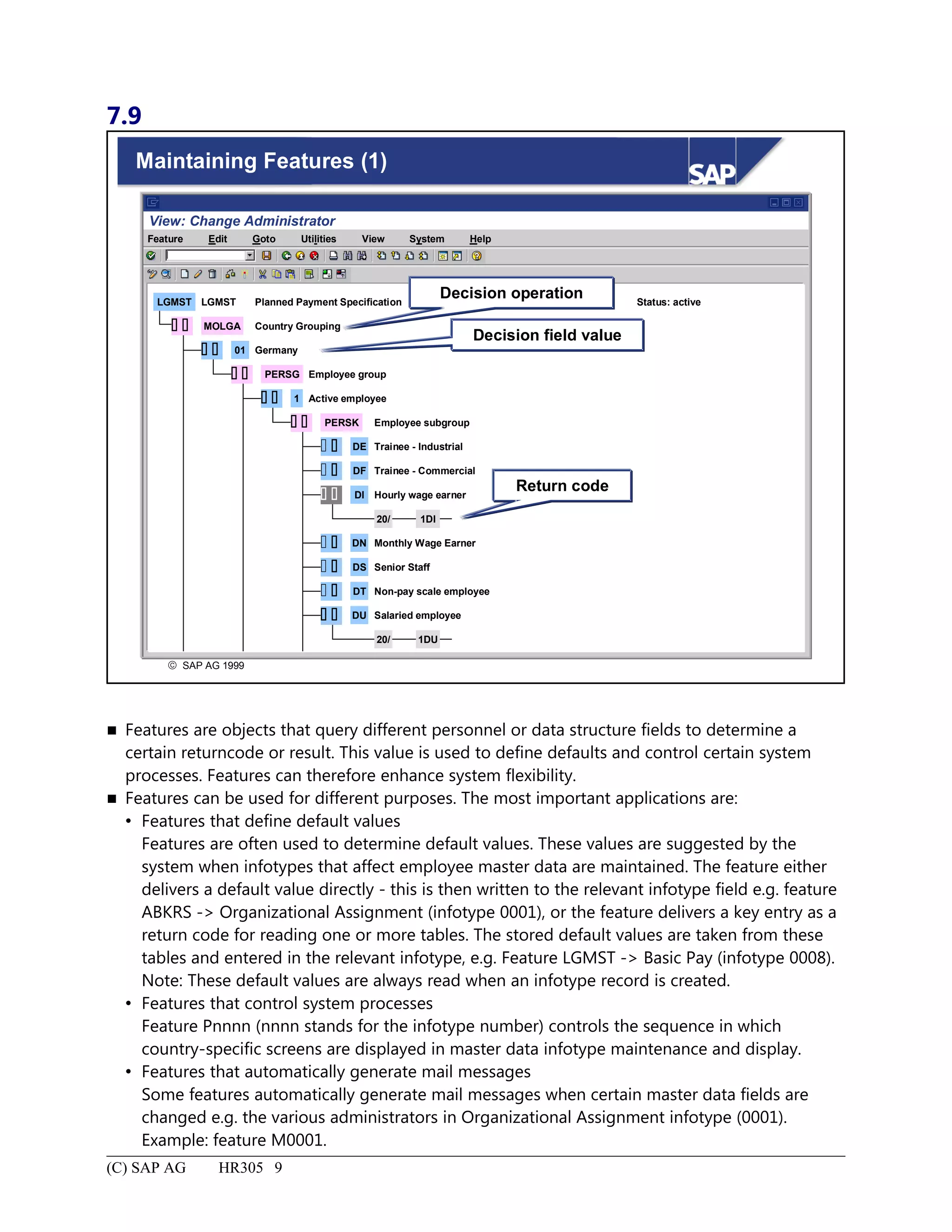 7.9
© SAP AG 1999
Maintaining Features (1)
LGMST LGMST Planned Payment Specification
MOLGA Country Grouping
01 Germany
PERSG Employee group
 
 
 
1 Active employee
PERSK Employee subgroup
 
DE Trainee - Industrial
DF Trainee - Commercial
DI Hourly wage earner
20/ 1DI
 
 
 
DN Monthly Wage Earner
DS Senior Staff
DT Non-pay scale employee
20/ 1DU
 
 
 
DU Salaried employee 
 
Feature Edit Goto Utilities View System Help
Decision operation
Decision field value
Status: active
Return code
View: Change Administrator
 Features are objects that query different personnel or data structure fields to determine a
certain returncode or result. This value is used to define defaults and control certain system
processes. Features can therefore enhance system flexibility.
 Features can be used for different purposes. The most important applications are:
 Features that define default values
Features are often used to determine default values. These values are suggested by the
system when infotypes that affect employee master data are maintained. The feature either
delivers a default value directly - this is then written to the relevant infotype field e.g. feature
ABKRS -> Organizational Assignment (infotype 0001), or the feature delivers a key entry as a
return code for reading one or more tables. The stored default values are taken from these
tables and entered in the relevant infotype, e.g. Feature LGMST -> Basic Pay (infotype 0008).
Note: These default values are always read when an infotype record is created.
 Features that control system processes
Feature Pnnnn (nnnn stands for the infotype number) controls the sequence in which
country-specific screens are displayed in master data infotype maintenance and display.
 Features that automatically generate mail messages
Some features automatically generate mail messages when certain master data fields are
changed e.g. the various administrators in Organizational Assignment infotype (0001).
Example: feature M0001.
(C) SAP AG HR305 9
 