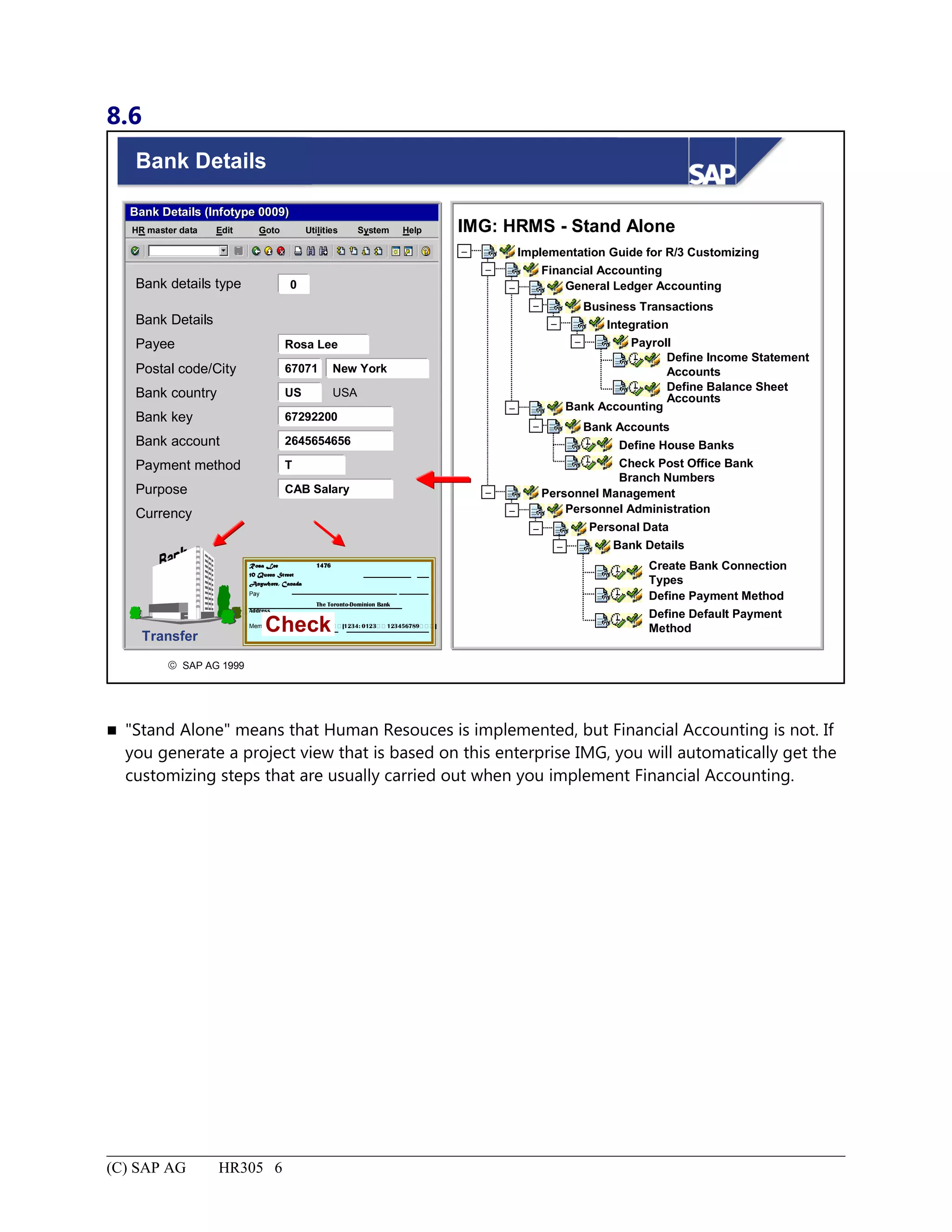 8.6
© SAP AG 1999
Bank Details
Bank Details (Infotype 0009)Bank Details (Infotype 0009)
SystemEdit Goto HelpHR master data Utilities
Bank details type 0
Bank Details
Payee Rosa Lee
Postal code/City 67071 New York
Bank country US USA
Bank key 67292200
Bank account 2645654656
Payment method T
Purpose CAB Salary
Currency
Rosa Lee 1476
10 Queen Street
Anywhere, Canada
Pay
The Toronto-Dominion Bank
Address
Memo   123   :123 1   |1234: 0123  123456789   |
CheckTransfer
IMG: HRMS - Stand Alone
Implementation Guide for R/3 Customizing
Financial Accounting
General Ledger Accounting
Business Transactions
Integration
Payroll
Define Income Statement
Accounts
–
–
–
–
–
–
Define Balance Sheet
Accounts
Bank Accounting–
Bank Accounts–
Define House Banks
Check Post Office Bank
Branch Numbers
Personnel Management–
Personnel Administration–
Personal Data–
Bank Details–
Create Bank Connection
Types
Define Payment Method
Define Default Payment
Method
 "Stand Alone" means that Human Resouces is implemented, but Financial Accounting is not. If
you generate a project view that is based on this enterprise IMG, you will automatically get the
customizing steps that are usually carried out when you implement Financial Accounting.
(C) SAP AG HR305 6
 