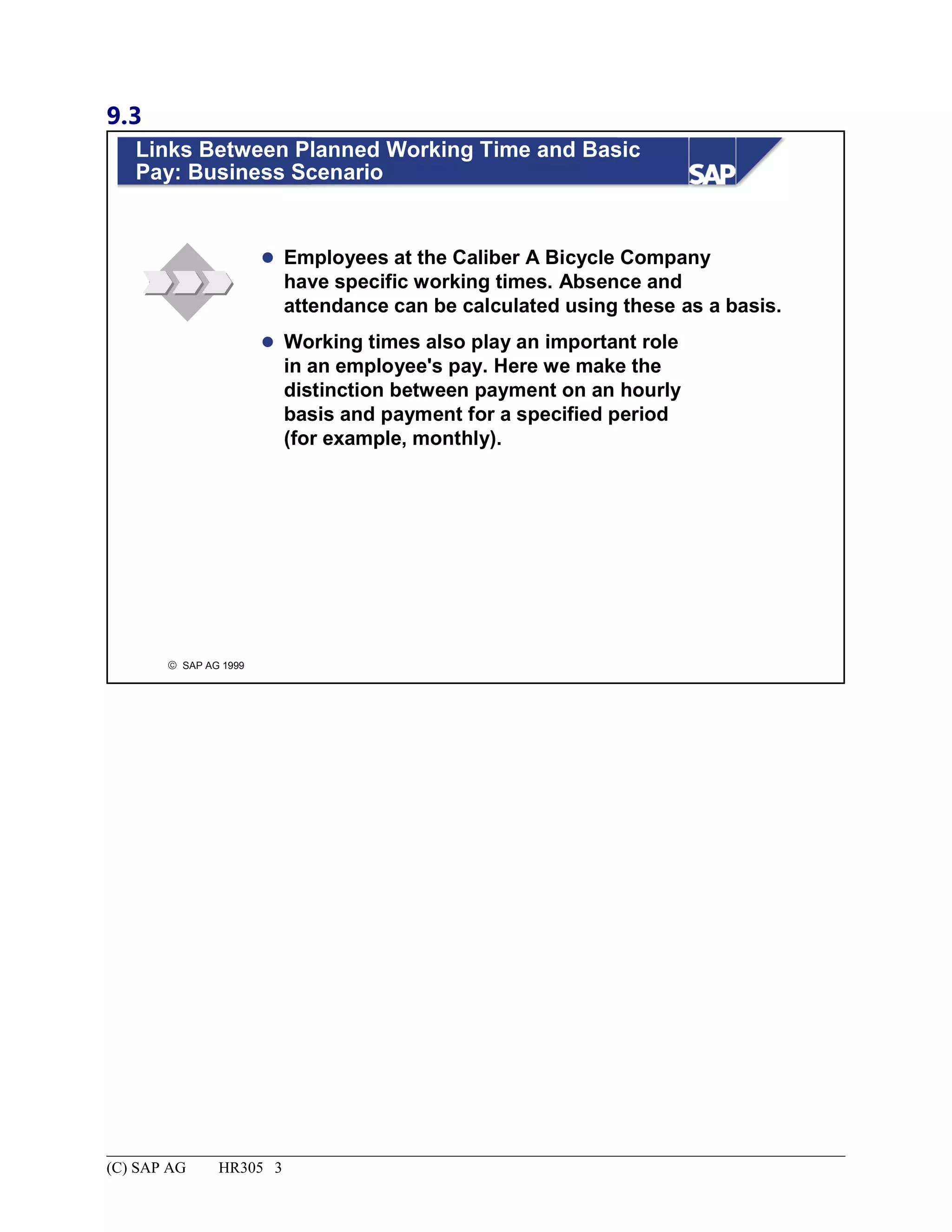 9.3
© SAP AG 1999
Links Between Planned Working Time and Basic
Pay: Business Scenario
 Employees at the Caliber A Bicycle Company
have specific working times. Absence and
attendance can be calculated using these as a basis.
 Working times also play an important role
in an employee's pay. Here we make the
distinction between payment on an hourly
basis and payment for a specified period
(for example, monthly).
(C) SAP AG HR305 3
 