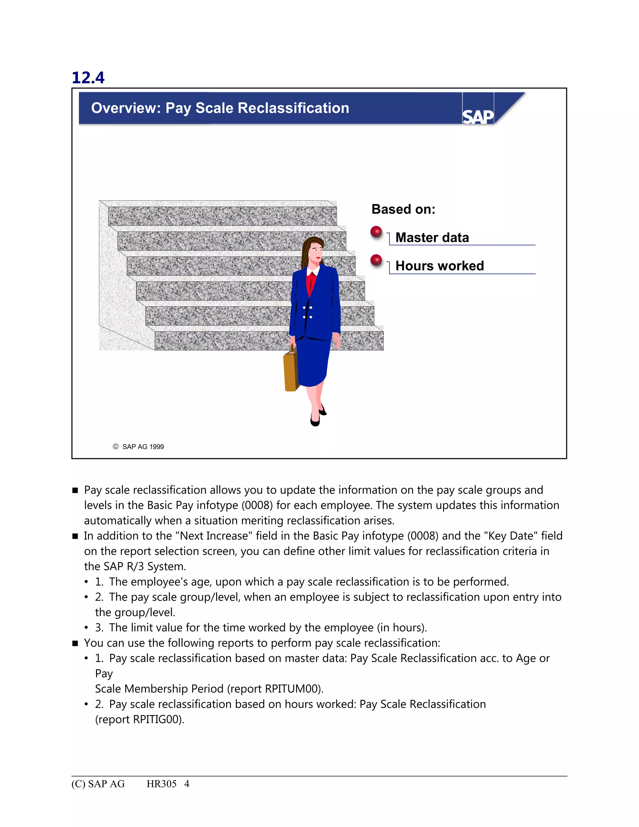 12.4
© SAP AG 1999
Overview: Pay Scale Reclassification
Based on:
Master data
Hours worked
 Pay scale reclassification allows you to update the information on the pay scale groups and
levels in the Basic Pay infotype (0008) for each employee. The system updates this information
automatically when a situation meriting reclassification arises.
 In addition to the "Next Increase" field in the Basic Pay infotype (0008) and the "Key Date" field
on the report selection screen, you can define other limit values for reclassification criteria in
the SAP R/3 System.
 1. The employee's age, upon which a pay scale reclassification is to be performed.
 2. The pay scale group/level, when an employee is subject to reclassification upon entry into
the group/level.
 3. The limit value for the time worked by the employee (in hours).
 You can use the following reports to perform pay scale reclassification:
 1. Pay scale reclassification based on master data: Pay Scale Reclassification acc. to Age or
Pay
Scale Membership Period (report RPITUM00).
 2. Pay scale reclassification based on hours worked: Pay Scale Reclassification
(report RPITIG00).
(C) SAP AG HR305 4
 