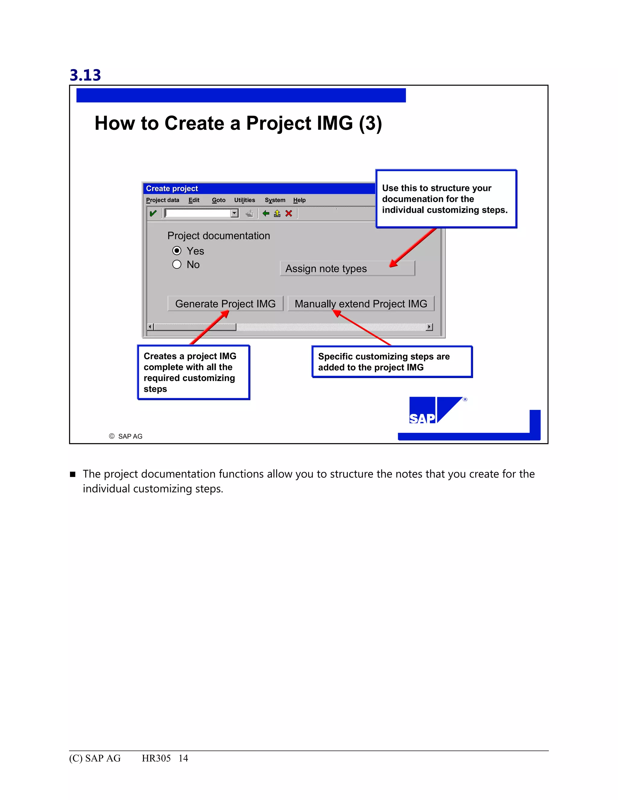3.13
© SAP AG
R
Assign note types
How to Create a Project IMG (3)
Create projectCreate project
SystemEdit Goto HelpProject data Utilities
Project documentation
Yes
No
Use this to structure your
documenation for the
individual customizing steps.
Generate Project IMG Manually extend Project IMG
Creates a project IMG
complete with all the
required customizing
steps
Specific customizing steps are
added to the project IMG
 The project documentation functions allow you to structure the notes that you create for the
individual customizing steps.
(C) SAP AG HR305 14
 