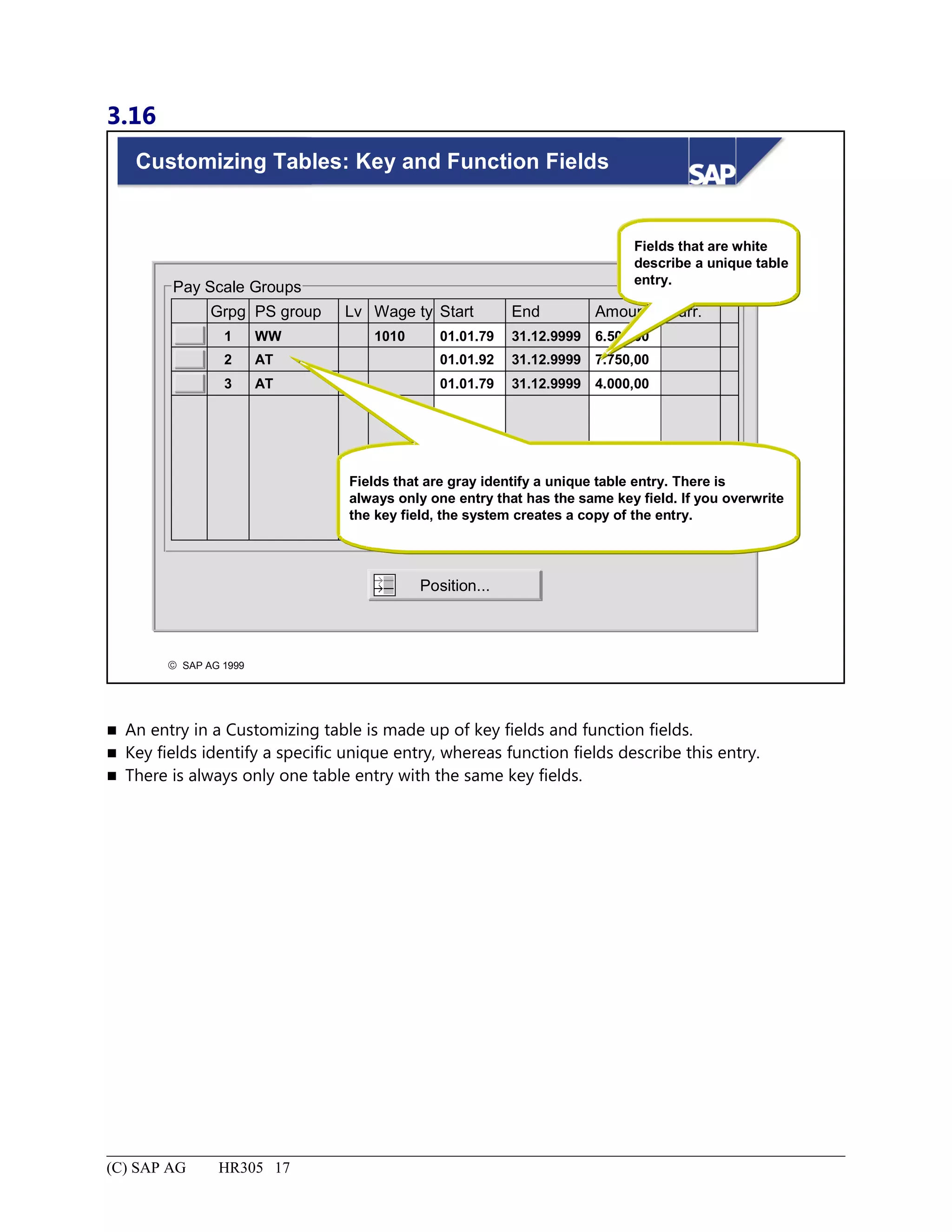 3.16
© SAP AG 1999
Customizing Tables: Key and Function Fields
Pay Scale Groups
Grpg PS group Lv Wage ty Start End Amount Curr.
01.01.791 WW 1010 31.12.9999 6.500,00
01.01.922 AT 31.12.9999 7.750,00
3 AT 01.01.79 31.12.9999 4.000,00
Position...
Fields that are white
describe a unique table
entry.
Fields that are gray identify a unique table entry. There is
always only one entry that has the same key field. If you overwrite
the key field, the system creates a copy of the entry.
 An entry in a Customizing table is made up of key fields and function fields.
 Key fields identify a specific unique entry, whereas function fields describe this entry.
 There is always only one table entry with the same key fields.
(C) SAP AG HR305 17
 