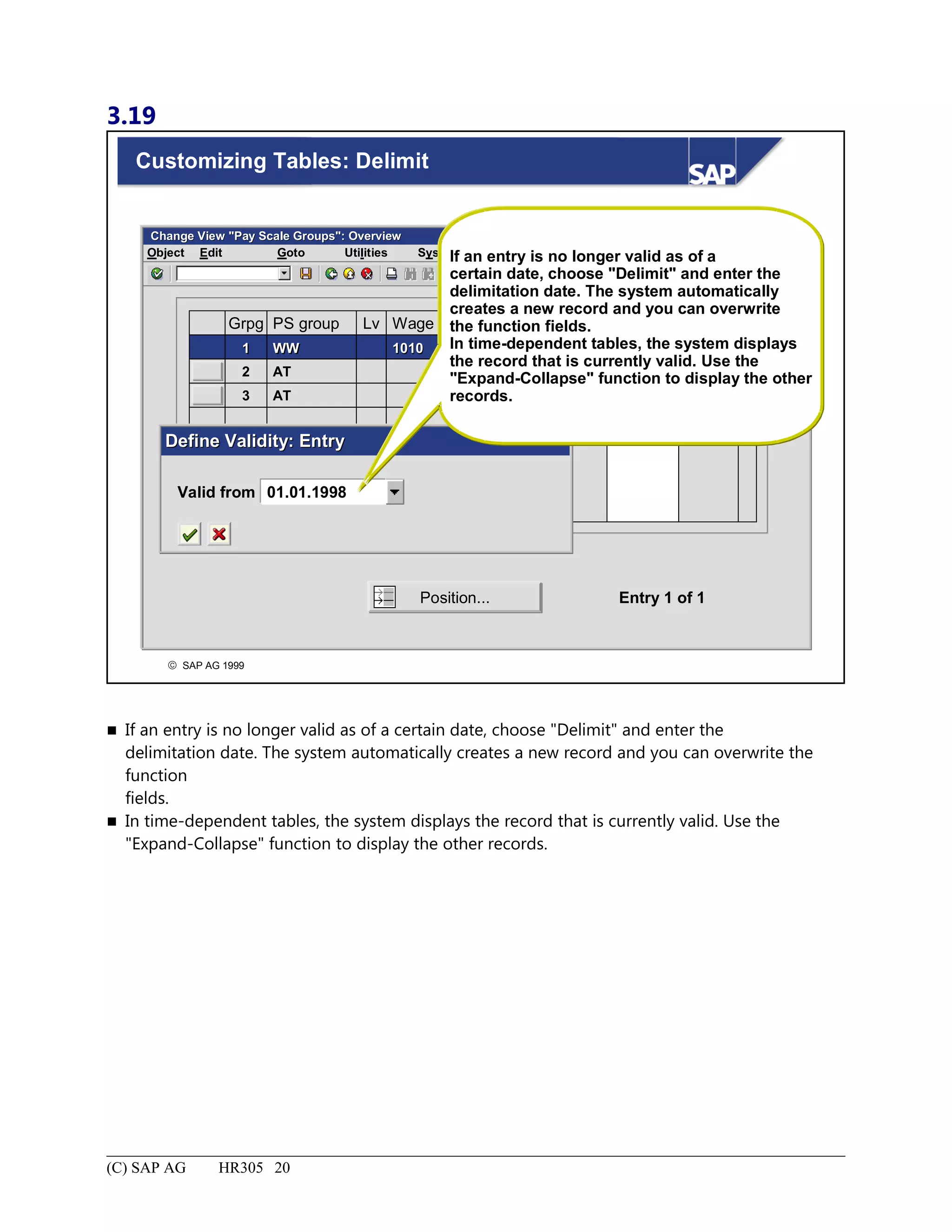 3.19
© SAP AG 1999
Customizing Tables: Delimit
Change View "Pay Scale Groups": OverviewChange View "Pay Scale Groups": Overview
SystemEdit Goto HelpObject Utilities
Grpg PS group Lv Wage typeStart End Amount Curr.
01.01.7901.01.7911 WWWW 10101010 31.12.999931.12.9999 6.500,006.500,00
01.01.922 AT 31.12.9999 7.750,00
3 AT 01.01.79 31.12.9999 4.000,00
Define Validity: EntryDefine Validity: Entry
Position... Entry 1 of 1
Valid from 01.01.1998
If an entry is no longer valid as of a
certain date, choose "Delimit" and enter the
delimitation date. The system automatically
creates a new record and you can overwrite
the function fields.
In time-dependent tables, the system displays
the record that is currently valid. Use the
"Expand-Collapse" function to display the other
records.
 If an entry is no longer valid as of a certain date, choose "Delimit" and enter the
delimitation date. The system automatically creates a new record and you can overwrite the
function
fields.
 In time-dependent tables, the system displays the record that is currently valid. Use the
"Expand-Collapse" function to display the other records.
(C) SAP AG HR305 20
 